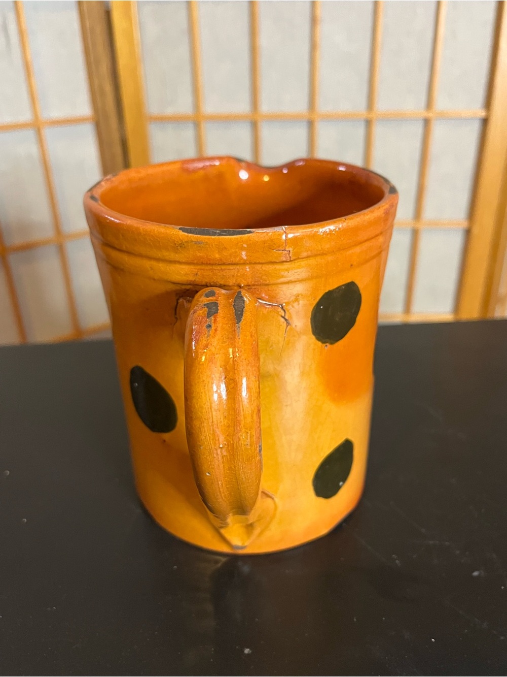 Handmade redware pottery pitcher Y2K Shooner? polka dots 5.5" - Picture 4 of 7
